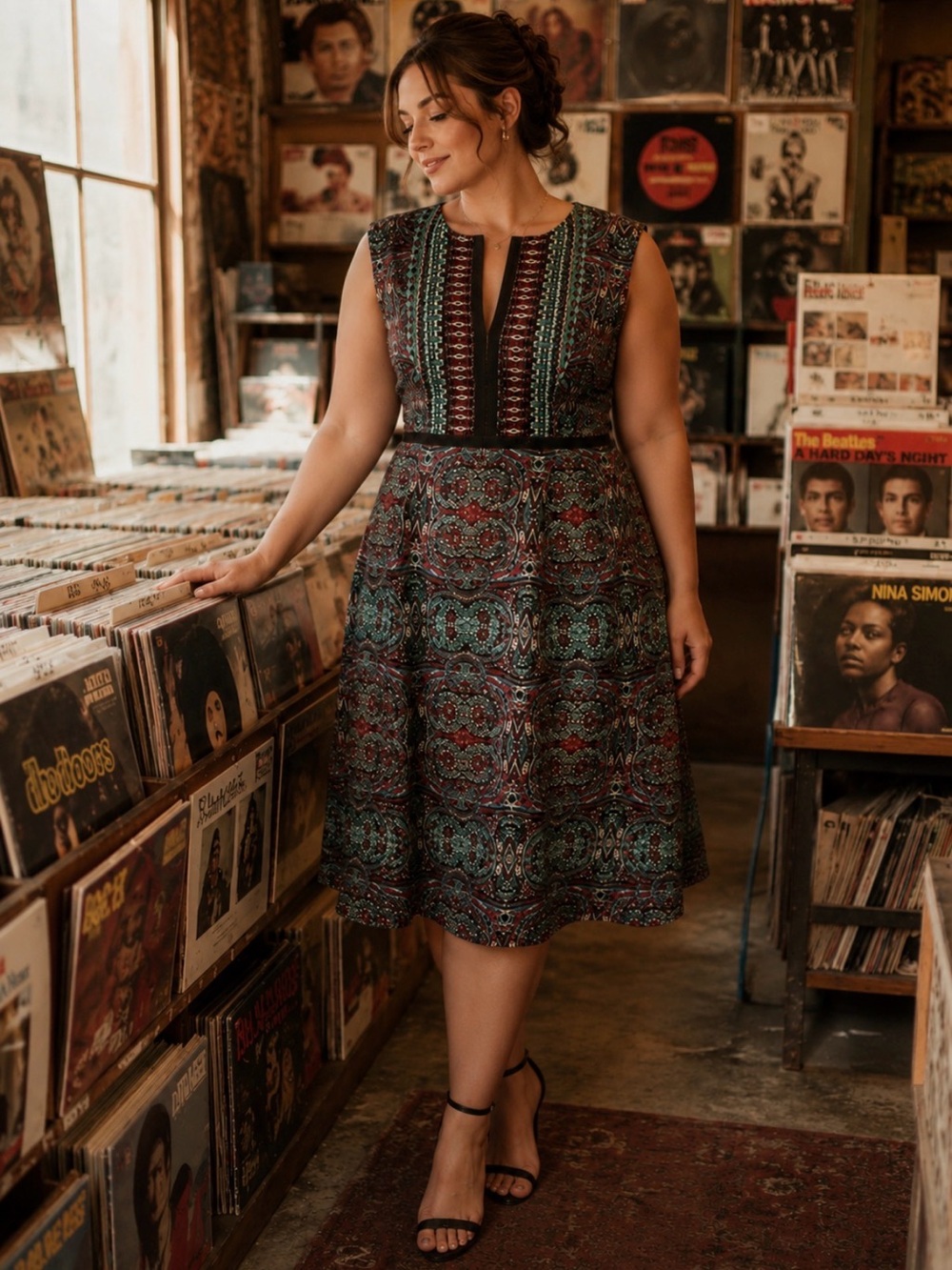 Nanette Lepore Sleeveless V-Neck Dark Green Exotic Print Dress